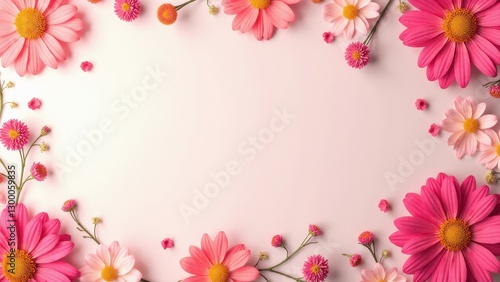 A floral textile design featuring various pink and white flowers arranged around the edges of a light background.