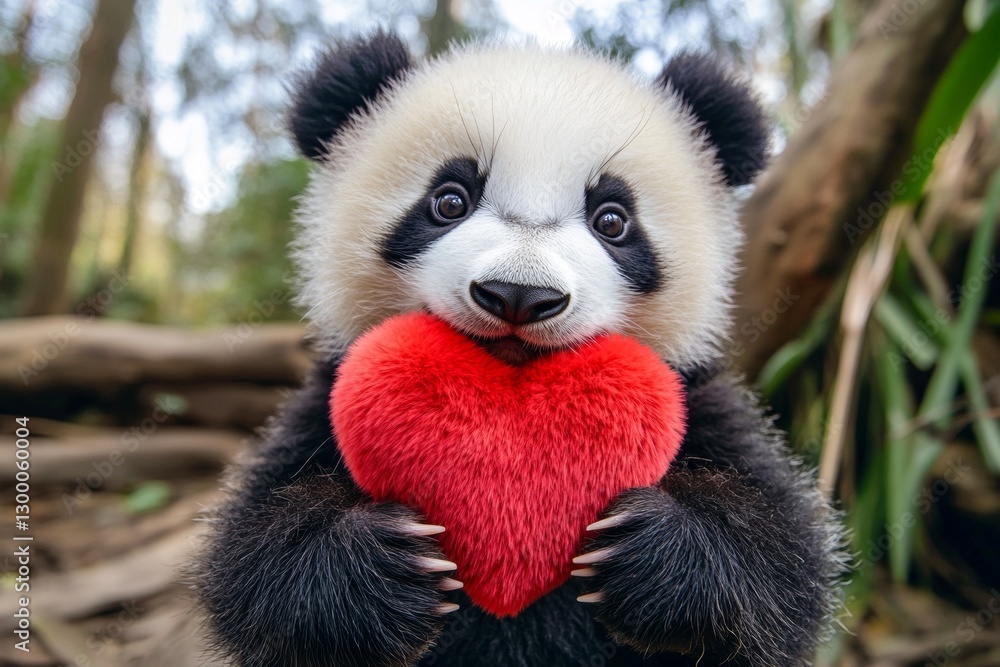 Fototapeta premium Panda - my beloved animal. Cute panda baby with fluffy red heart on in a natural habitat. Commercial animal concept art concept art. Cute and affectionate animals. Lovebirds in the wild.