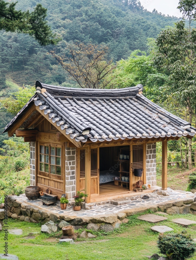Small Traditional Korean House is Surrounded by Lush Greenery Small Traditional Korean House is Surrounded by Lush Greenery