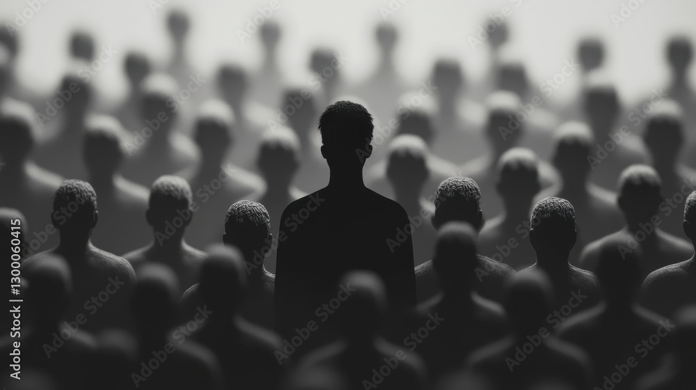 Obraz premium Pink silhouette of couple standing in monochrome crowd of different people,surreal unique and different concept,loneliness in society,shadow,freedom,Love,be yourself,Stand out from the crowd.