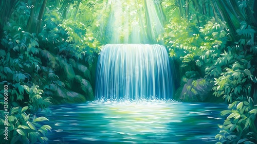 Serene Waterfall in Lush Green Forest Sunlight Dappled Through Leaves