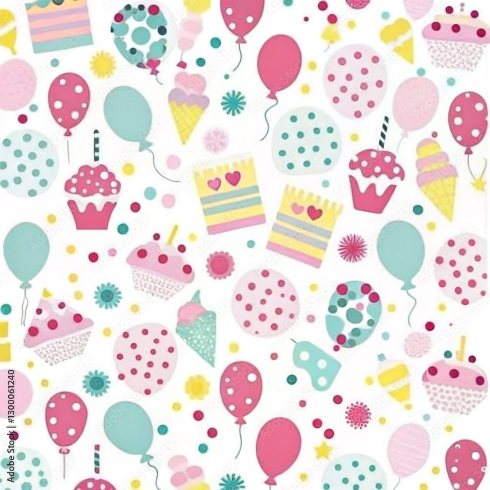 Festive birthday pattern with pastel balloons, cupcakes, cakes, and confetti. Festive birthday pattern with pastel balloons, cupcakes, cakes, and confetti.