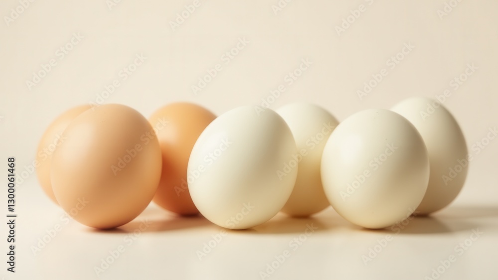 Fresh farm eggs in varying shades of brown and white are arranged on a light background. Fresh farm eggs in varying shades of brown and white are arranged on a light background.