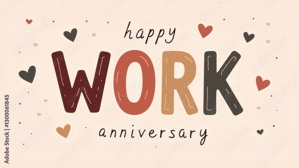 Celebrate a funny happy work anniversary with colorful hearts and playful design.