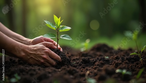 Hands hold small plant with soil. Gardening, seedling care, cultivation. Growth of plants reduce global warming, saving biodiversity. Farming, agriculture, environmental conservation. Earth day.