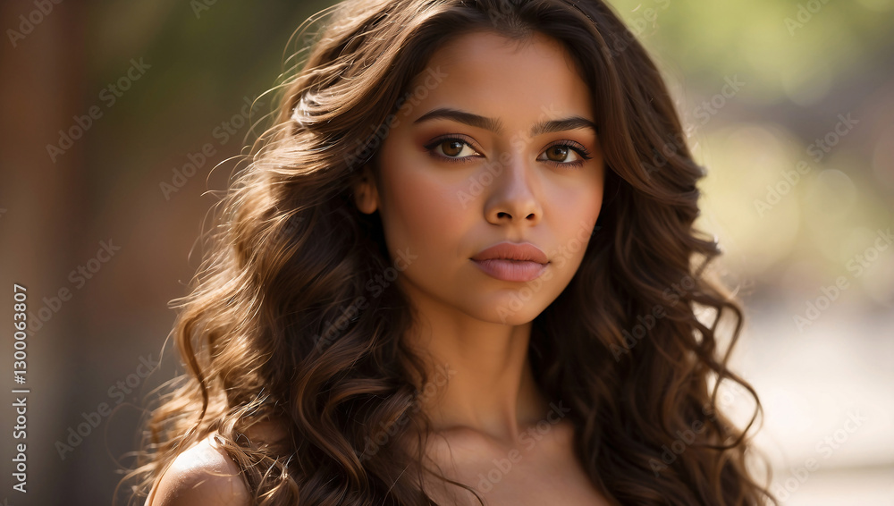 Thoughtful Young Latina Woman with Long Wavy Brown Hair Thoughtful Young Latina Woman with Long Wavy Brown Hair