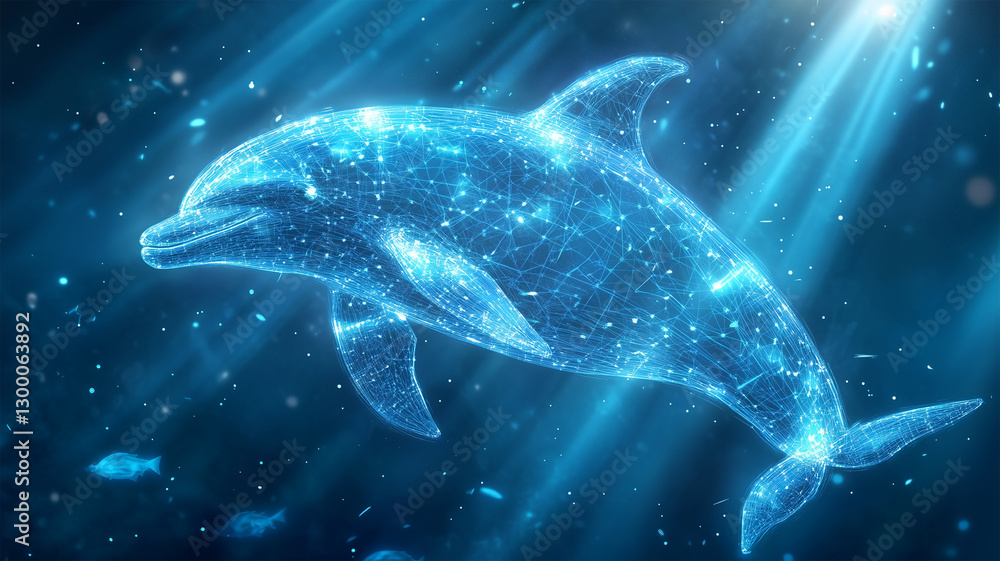 深海に浮かび上がるホログラムのイルカが幻想的に輝くデジタルアクアスケープ 深海に浮かび上がるホログラムのイルカが幻想的に輝くデジタルアクアスケープ