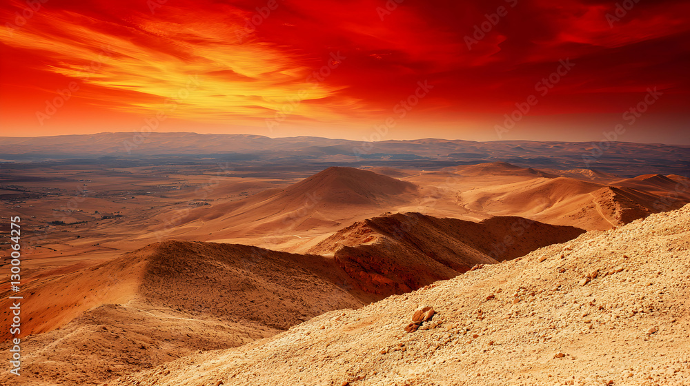 Fototapeta premium Fiery Desert Sunset Landscape: Vibrant Red Sky Over Brown Mountains