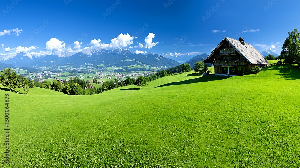 Serene Mountain Chalet on Lush Green Pasture Panoramic Alpine View Serene Mountain Chalet on Lush Green Pasture Panoramic Alpine View
