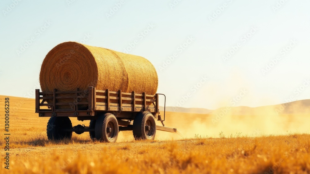 Obraz premium A hay wagon carrying a large round bale of hay moves through a dry field, kicking up dust under a clear sky.