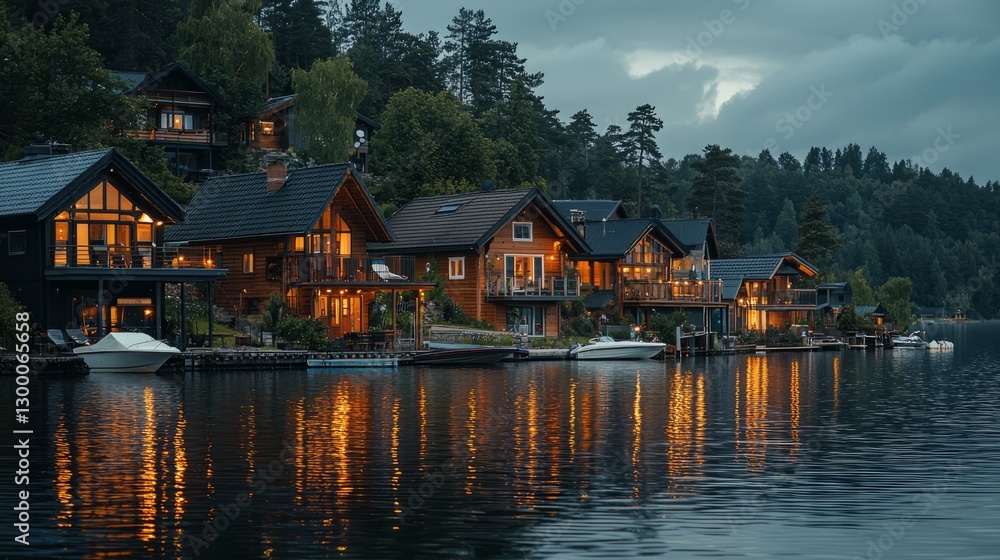 Serene Lakeside Cabins at Dusk Serene Lakeside Cabins at Dusk
