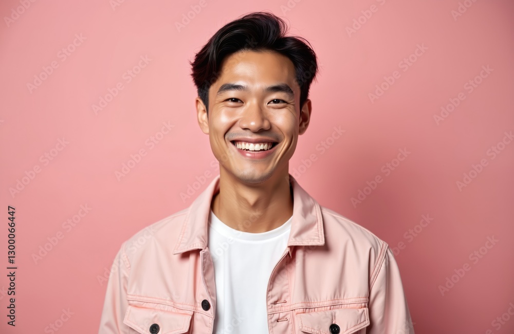 Handsome young asian man smiles. Clean fresh skin on pink background. Attractive guy with healthy teeth, white smile wears casual pink jacket. Morning skincare routine for youthful look. Handsome young asian man smiles. Clean fresh skin on pink background. Attractive guy with healthy teeth, white smile wears casual pink jacket. Morning skincare routine for youthful look.