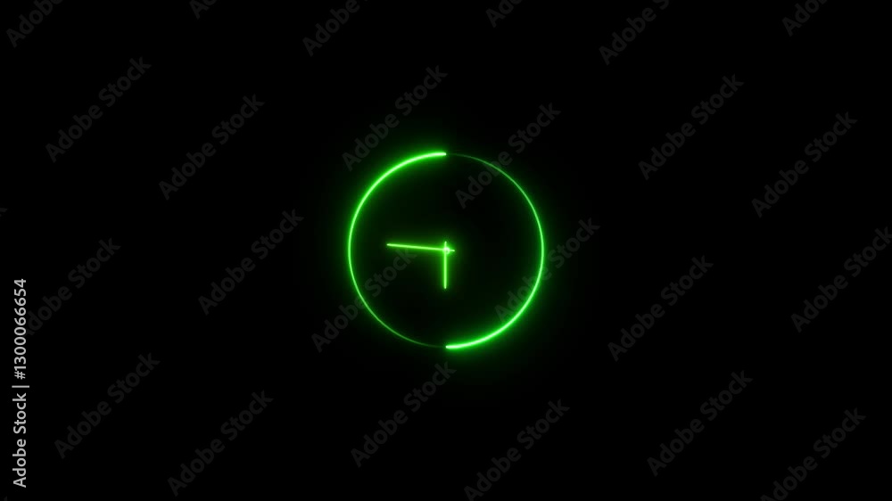 Vibrant neon clock icon animation with green color on black background Vibrant neon clock icon animation with green color on black background