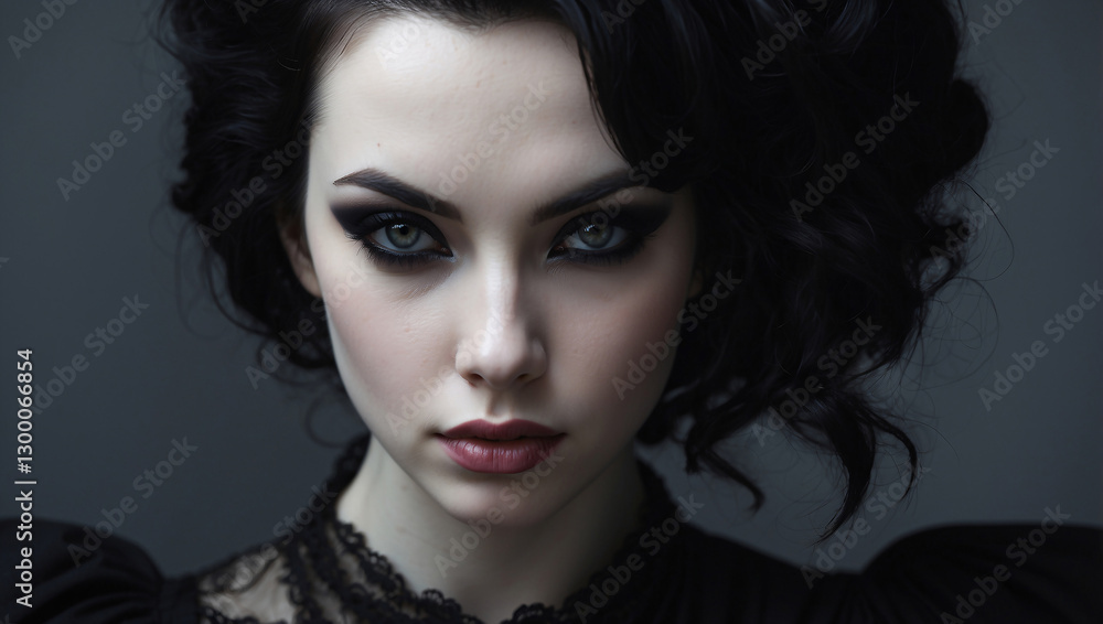 Fototapeta premium Gothic Woman with Jet-Black Hair and Dark Eyeshadow