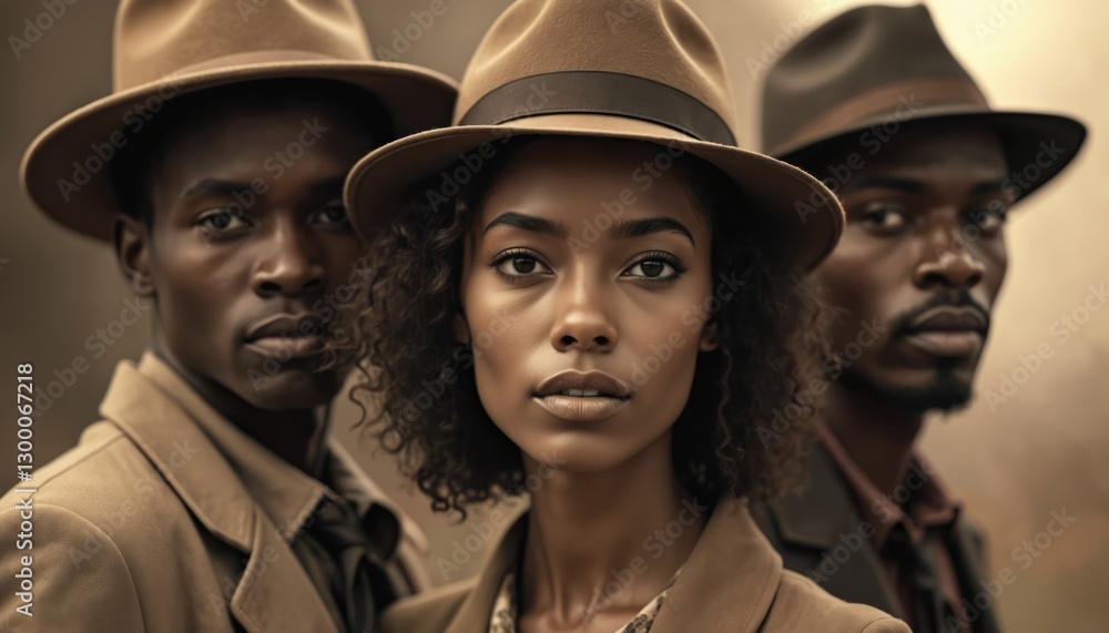 Fototapeta premium Three confident African American models in sepia shot. Two men and woman wear hats, jackets. Strong personalities. Black History Month. Oneness, pride, timeless elegance. Historical and modern blend.