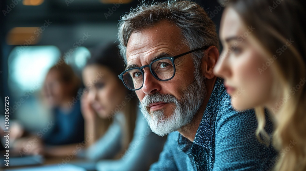 Thoughtful senior man with glasses in business meeting with focused young professionals in bright office Thoughtful senior man with glasses in business meeting with focused young professionals in bright office