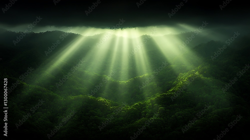 Fototapeta premium Dramatic Sunbeams Illuminating Lush Green Forest Landscape Nature Photography