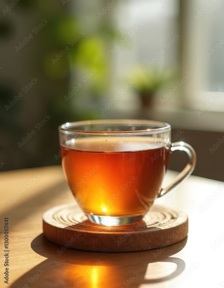Glass of tea on wood coaster in sunlight. Warm, cozy scene with golden beverage. Clear cup with reflection, organic, nature theme. Table top with hot drink for comfort. Glass of tea on wood coaster in sunlight. Warm, cozy scene with golden beverage. Clear cup with reflection, organic, nature theme. Table top with hot drink for comfort.