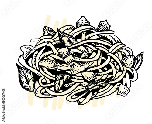Hand drawn illustration of spaghetti. Pasta templates collection for menu design, flyers and brochures. Engraving style hand drawn sketch, vector illustration.