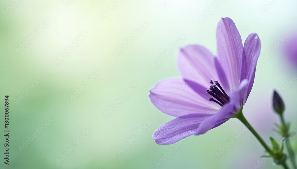 Sharp focused stunning purple flower against blurred serene green background. Floral blossom with delicate petals, stamens. Spring beauty, elegant botany, soothing tranquil freshness of vivid garden. Sharp focused stunning purple flower against blurred serene green background. Floral blossom with delicate petals, stamens. Spring beauty, elegant botany, soothing tranquil freshness of vivid garden.