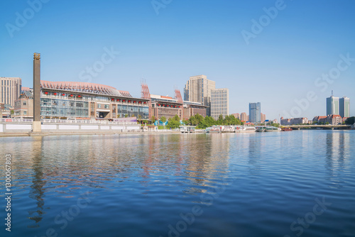 The urban architectural skyline, modern bridges, and Haihe River scenery of Tianjin, China on August 11, 2024