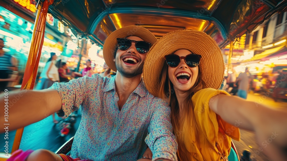 Fototapeta premium Happy Couple Taking a Selfie While Riding a Tuk-Tuk in Bangkok, Thailand – Vibrant Street Market and Local Culture