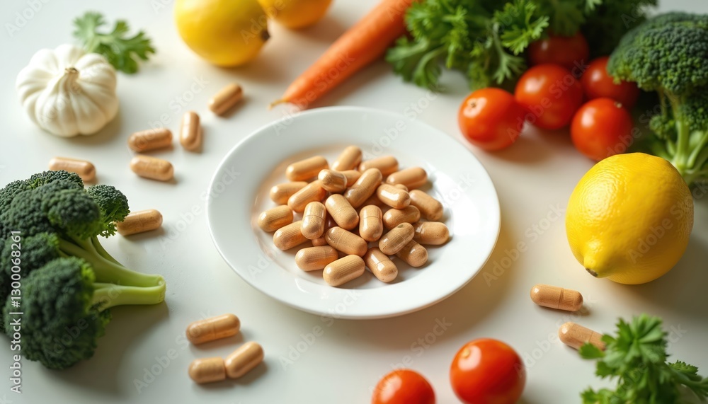 Capsules on plate surrounded by fresh vegetables, fruits for health, wellness. Arrangement of broccoli, lemon, carrot, parsley. Nutritious balanced diet with vitamins, organic ingredients, clean Capsules on plate surrounded by fresh vegetables, fruits for health, wellness. Arrangement of broccoli, lemon, carrot, parsley. Nutritious balanced diet with vitamins, organic ingredients, clean