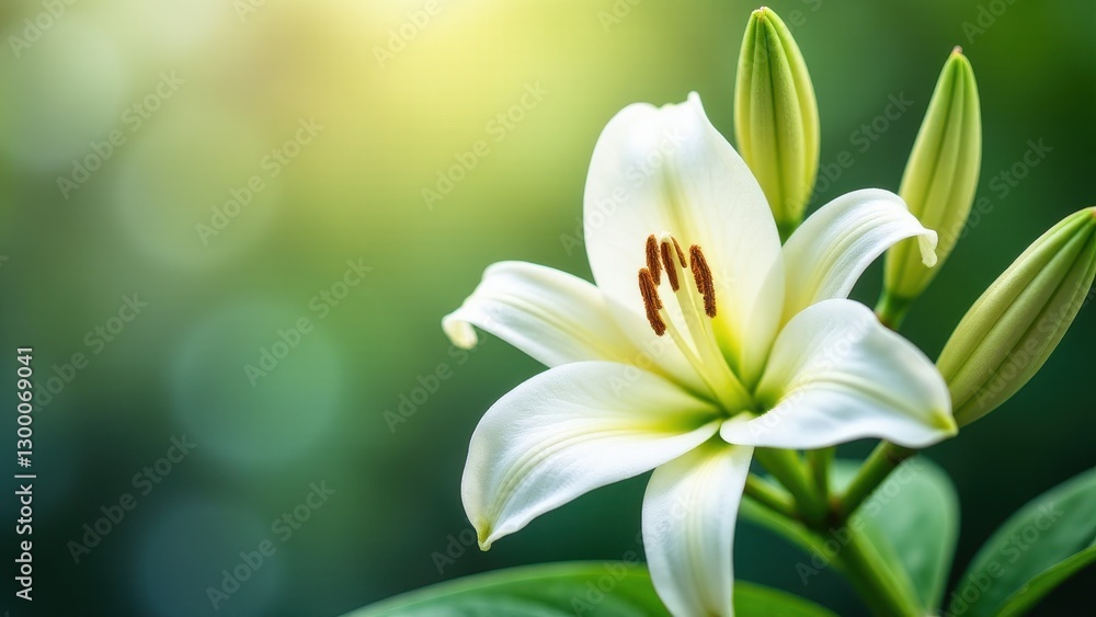A beautiful white lily tree flower in bloom with green buds and leaves, set against a blurred green background.