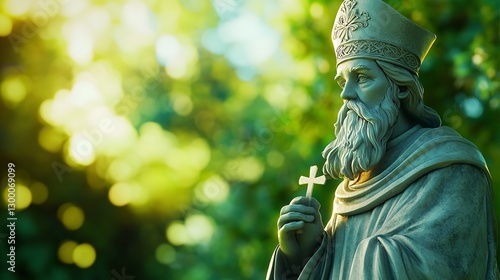  A Reverent Depiction of Saint Patrick in Green and Gold Robes Praying in a Serene, Lush Environment with Soft Light
