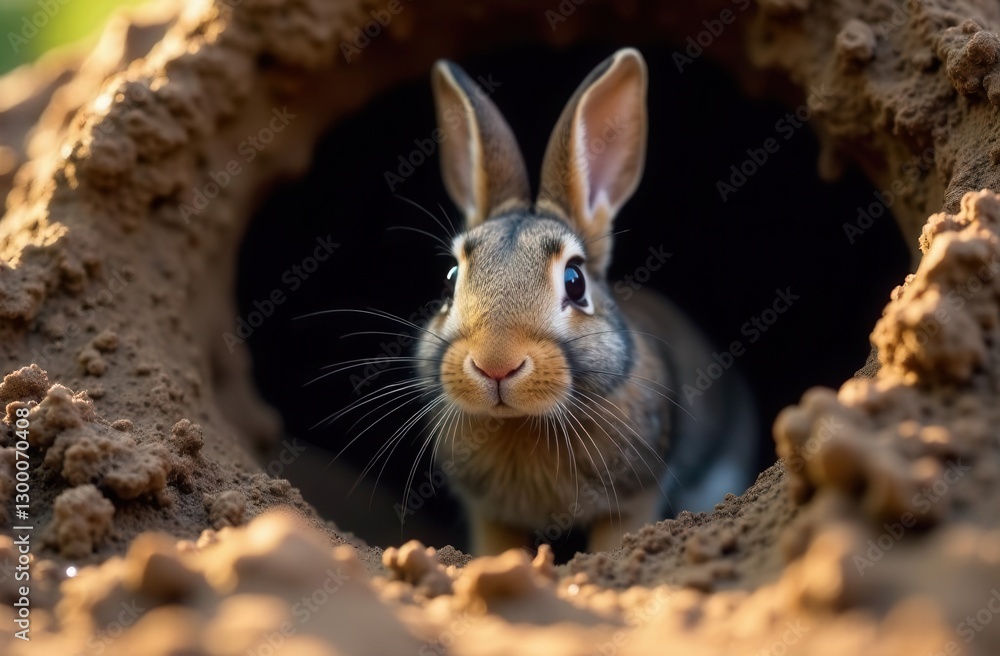 Fototapeta premium Curious rabbit peeking out of burrow in natural habitat during daylight