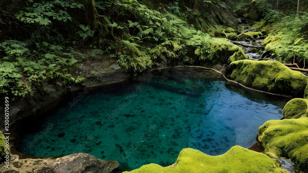 Fototapeta premium Hidden turquoise pool surrounded by mossy rocks in pristine forest paradise