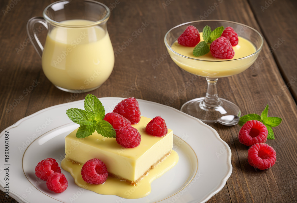 Vanilla panna cotta dessert with raspberries and mint Vanilla panna cotta dessert with raspberries and mint