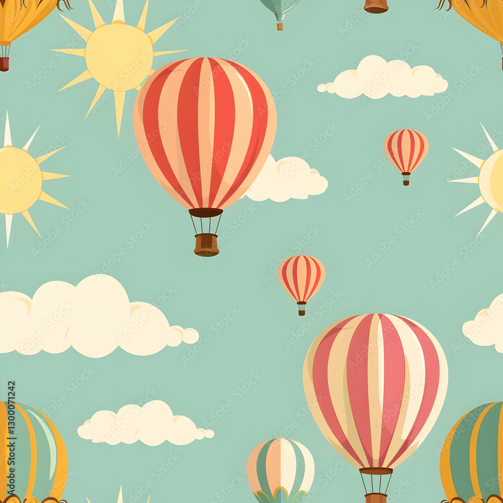 Obraz premium A whimsical pattern featuring colorful hot air balloons against a blue sky.