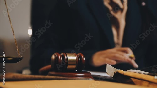 Male lawyer working with contract papers and wooden gavel on tabel in courtroom. justice and law ,attorney, court judge, concept.