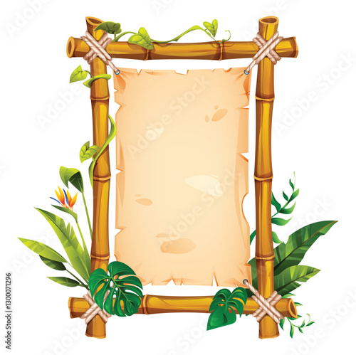 Bamboo frame with vines, leaves, and tropical flower, framing an empty parchment paper, perfect for nature themes. Vector cartoon illustration