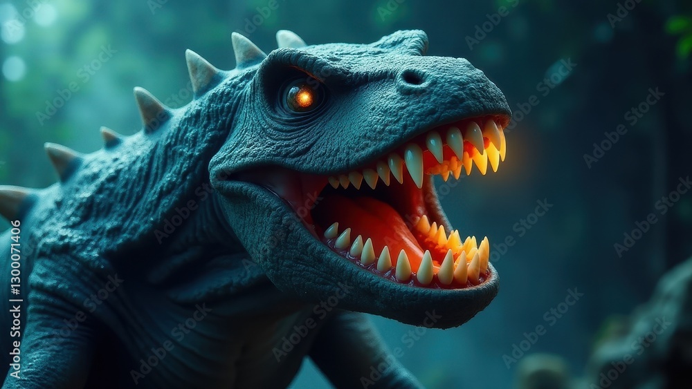 A fierce monster with glowing eyes and sharp, menacing teeth in a dark, forested environment. A fierce monster with glowing eyes and sharp, menacing teeth in a dark, forested environment.