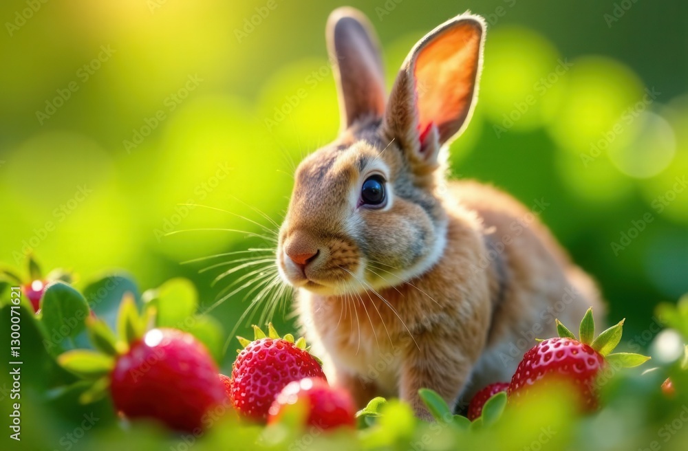 Fototapeta premium Adorable bunny in lush green field surrounded by juicy strawberries