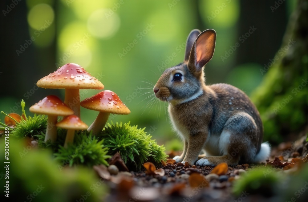 Fototapeta premium Curious rabbit in forest glade with mushrooms and moss