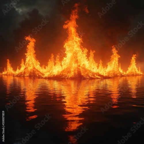 Infernal lake with fire flames reflection on water. Hell biblical scenery. Satan, Lucifer concept. Religious scripture of christianity, faith, inferno, divine punishment. Eternal damnation theology, photo