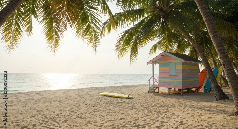 Fototapeta premium Tropical Beach Scene with Colorful Hut, Surfboard, and Palm Trees