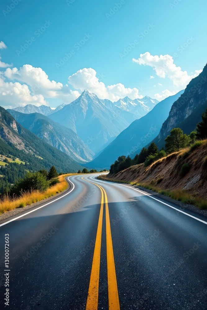 Fototapeta premium Empty asphalt road curves through mountains, clear sky , background, drive, sun