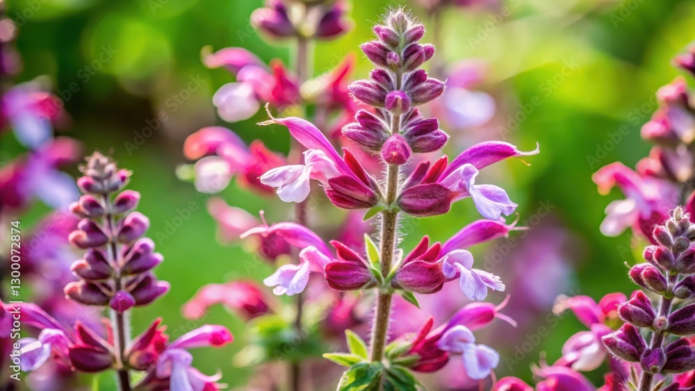 Close-up of delicate flowers of the Chinese herbal plant Salvia miltiorrhiza with intricate details and patterns , herb, salvia miltiorrhiza Close-up of delicate flowers of the Chinese herbal plant Salvia miltiorrhiza with intricate details and patterns , herb, salvia miltiorrhiza