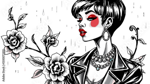 bold black and white tattoo-style portrait with fashion elements