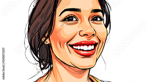 Stylized portrait of a cheerful young woman with a bright smile and long hair