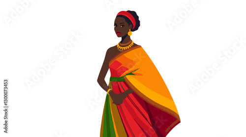 Stylized portrait of a young woman in traditional colorful attire with elegant accessories 
