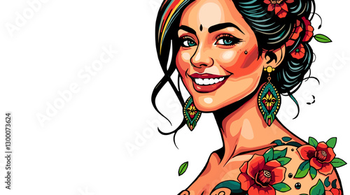Stylized portrait of a cheerful young woman with colorful hair and floral tattoos 