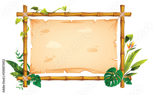 Bamboo frame adorned with tropical leaves, vines, and flower, framing an empty parchment paper. Vector cartoon illustration
