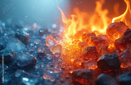 Abstract concept of opposites showing ice, fire side by side. Contrast between cold, hot temperatures. Vibrant art with blue, orange colors blend, clash, creates dynamic background. photo