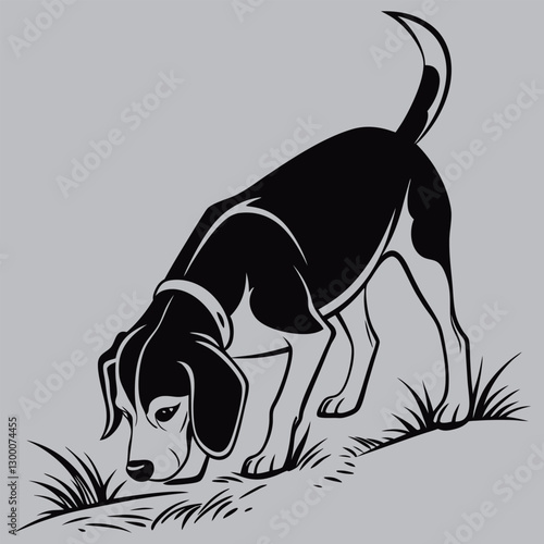 a beagle sniffing the ground silhouette vector design art and illustration