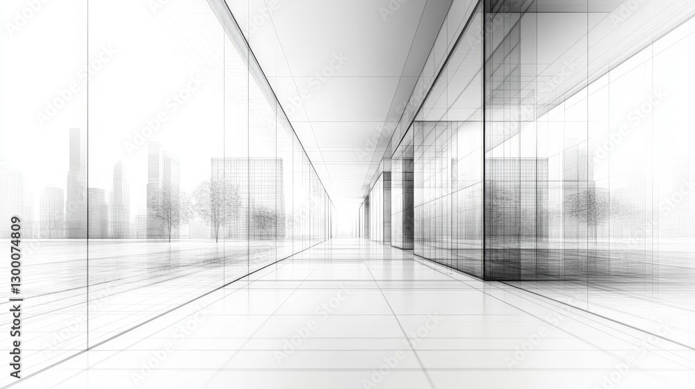 Architectural Sketch Of Modern Corridor With City View Architectural Sketch Of Modern Corridor With City View